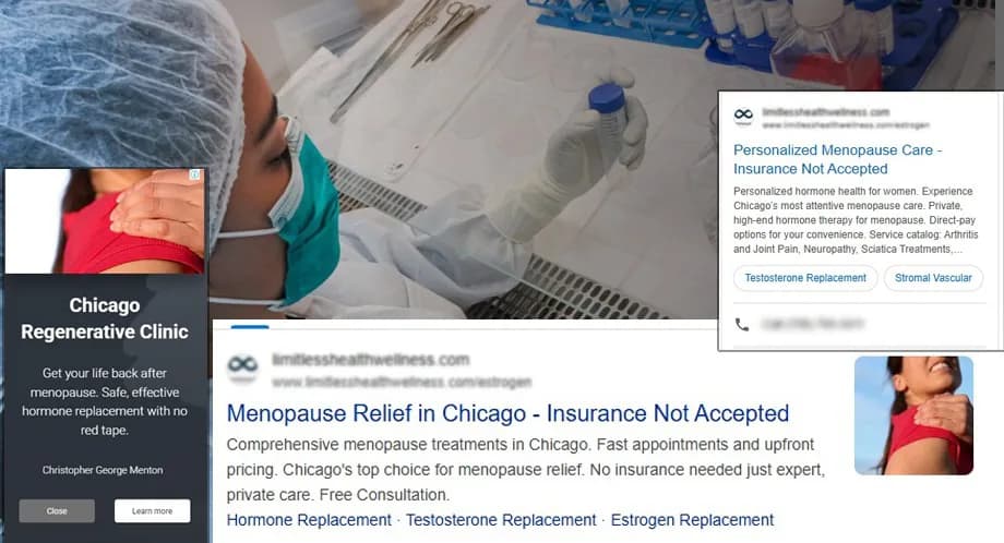 Live Google and Microsoft ads for the clinic: search results and a display creative.