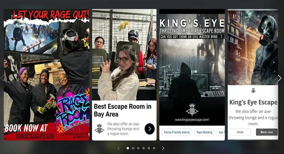 Escape Rage advertising creative across escape room, rage room, and smash room attractions.