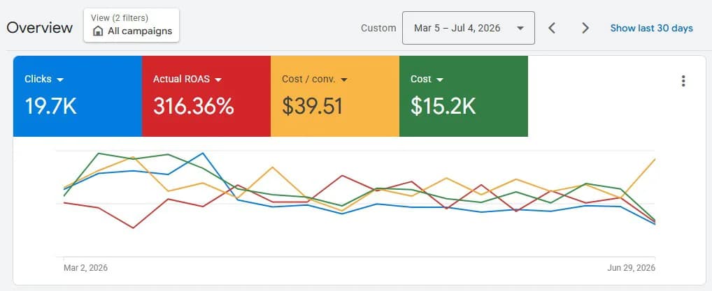 Google Ads overview: 19.7K clicks at 316.36% actual ROAS, $15.2K cost.